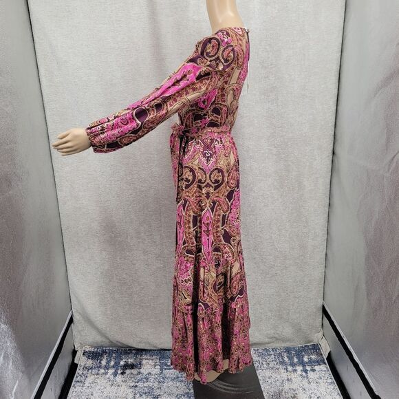 A Loves A Linen Blend Pink Tan Burgundy Paisley Printed Long Sleeve Maxi Dress - Picture 7 of 16